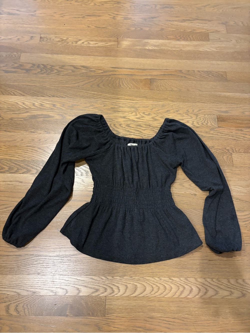 Madewell charcoal gray Smocked Peplum Long Sleeve Top